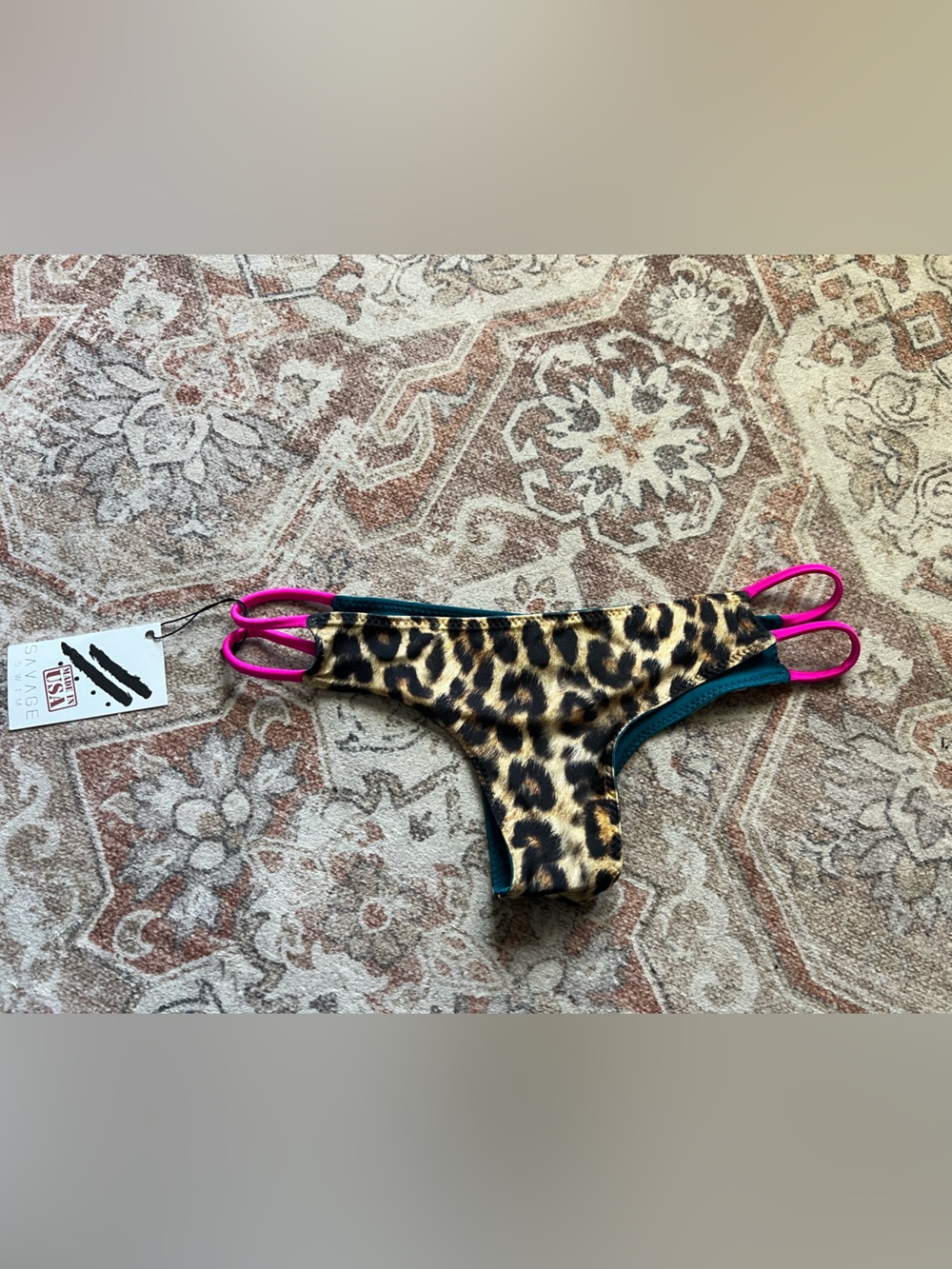 Savage X Fenty Leopard Print Cheeky Bikini Bottom - Hot Pink Straps